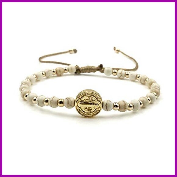 Adjustable Saint Benedict Coin Bracelet with Beads, Spiritual Jewelry - Picture 2 of 8